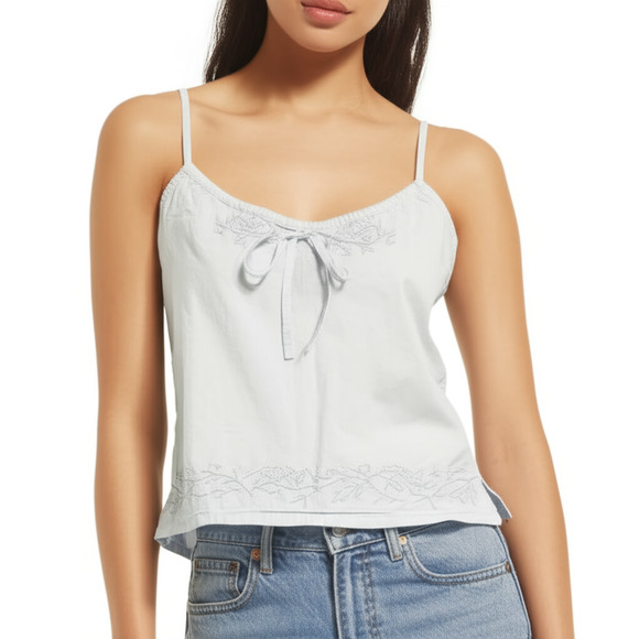 Vintage Bohemian Large Tank Womens Adjustable Light Blue Top Tie Front Embroider - Picture 1 of 5